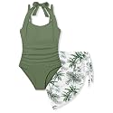 Girls Swimsuit Set - Halter Neck One Piece Bathing Suit with Tropical Cover Up Skirt Swimwear for Kids 7-18Y