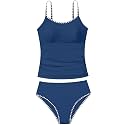 Girls Swimsuit Solid Color Tankini Contrast Trim Swimwear 2 Piece Bathing Suit Padded Swimsuits for Teens 9-16Y
