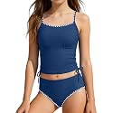 Girls Swimsuit Solid Color Tankini Contrast Trim Swimwear 2 Piece Bathing Suit Padded Swimsuits for Teens 9-16Y