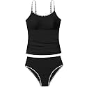 Girls Swimsuit Solid Color Tankini Contrast Trim Swimwear 2 Piece Bathing Suit Padded Swimsuits for Teens 9-16Y