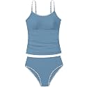 Girls Swimsuit Solid Color Tankini Contrast Trim Swimwear 2 Piece Bathing Suit Padded Swimsuits for Teens 9-16Y