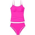 Girls Swimsuit Solid Color Tankini Contrast Trim Swimwear 2 Piece Bathing Suit Padded Swimsuits for Teens 9-16Y