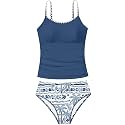 Girls Swimsuit Solid Color Tankini Contrast Trim Swimwear 2 Piece Bathing Suit Padded Swimsuits for Teens 9-16Y