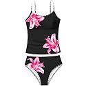 Girls Swimsuit Solid Color Tankini Contrast Trim Swimwear 2 Piece Bathing Suit Padded Swimsuits for Teens 9-16Y