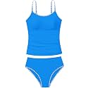 Girls Swimsuit Solid Color Tankini Contrast Trim Swimwear 2 Piece Bathing Suit Padded Swimsuits for Teens 9-16Y