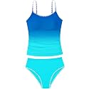 Girls Swimsuit Solid Color Tankini Contrast Trim Swimwear 2 Piece Bathing Suit Padded Swimsuits for Teens 9-16Y