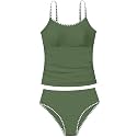 Girls Swimsuit Solid Color Tankini Contrast Trim Swimwear 2 Piece Bathing Suit Padded Swimsuits for Teens 9-16Y
