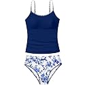 Girls Swimsuit Solid Color Tankini Contrast Trim Swimwear 2 Piece Bathing Suit Padded Swimsuits for Teens 9-16Y
