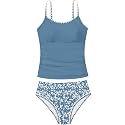 Girls Swimsuit Solid Color Tankini Contrast Trim Swimwear 2 Piece Bathing Suit Padded Swimsuits for Teens 9-16Y