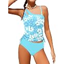 Girls Swimsuit Two Piece One Shoulder Girls Tankini Swimsuit Floral Print Girls Bathing Suit Drawstring Swimwear Set 7-14Y