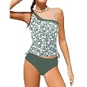 Girls Swimsuit Two Piece One Shoulder Girls Tankini Swimsuit Floral Print Girls Bathing Suit Drawstring Swimwear Set 7-14Y