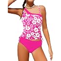 Girls Swimsuit Two Piece One Shoulder Girls Tankini Swimsuit Floral Print Girls Bathing Suit Drawstring Swimwear Set 7-14Y