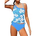 Girls Swimsuit Two Piece One Shoulder Girls Tankini Swimsuit Floral Print Girls Bathing Suit Drawstring Swimwear Set 7-14Y