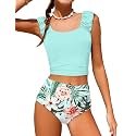 Girls Tankini Swimsuit 2 Piece Bathing Suit Twist Cross Back Cutout Swim Tank Top Floral Print Swimwear for 7-18Y