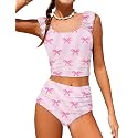 Girls Tankini Swimsuit 2 Piece Bathing Suit Twist Cross Back Cutout Swim Tank Top Floral Print Swimwear for 7-18Y