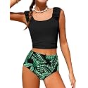 Girls Tankini Swimsuit 2 Piece Bathing Suit Twist Cross Back Cutout Swim Tank Top Floral Print Swimwear for 7-18Y
