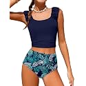 Girls Tankini Swimsuit 2 Piece Bathing Suit Twist Cross Back Cutout Swim Tank Top Floral Print Swimwear for 7-18Y