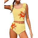 Girls Tankini Swimsuit 2 Piece Bathing Suit Twist Cross Back Cutout Swim Tank Top Floral Print Swimwear for 7-18Y