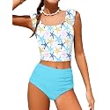 Girls Tankini Swimsuit 2 Piece Bathing Suit Twist Cross Back Cutout Swim Tank Top Floral Print Swimwear for 7-18Y