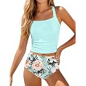 Girls Tankini Swimsuit 2 Piece Bathing Suit Twist Cross Back Cutout Swim Tank Top Floral Print Swimwear for 7-18Y