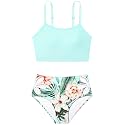 Girls Tankini Swimsuit 2 Piece Bathing Suit Twist Cross Back Cutout Swim Tank Top Floral Print Swimwear for 7-18Y
