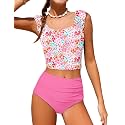 Girls Tankini Swimsuit 2 Piece Bathing Suit Twist Cross Back Cutout Swim Tank Top Floral Print Swimwear for 7-18Y