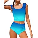 Girls Tankini Swimsuit 2 Piece Bathing Suit Twist Cross Back Cutout Swim Tank Top Floral Print Swimwear for 7-18Y