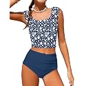 Girls Tankini Swimsuit 2 Piece Bathing Suit Twist Cross Back Cutout Swim Tank Top Floral Print Swimwear for 7-18Y