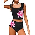 Girls Tankini Swimsuit 2 Piece Bathing Suit Twist Cross Back Cutout Swim Tank Top Floral Print Swimwear for 7-18Y
