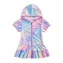 Girls Terry Cloth Swim Cover Up Zip Up Hooded Bathing Suit Coverup Wraps Rufled Kids Pool Beach Robe Cover-Up Dress
