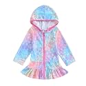 Girls Terry Cloth Swim Cover Up Zip Up Hooded Bathing Suit Coverup Wraps Rufled Kids Pool Beach Robe Cover-Up Dress
