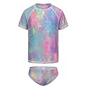 Girls Two Piece Rash Guard Swimsuits Set Short Sleeve Bathing Suit for Kids Hawaiian Swimwear Set 3-16 Years