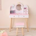 Girls Vanity Table and Chair Set,Wooden Vanity Set with Mirror & Stool,Makeup Desk,Makeup Dressing Princess Table with 4 Drawers for Girls & Boys