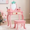 Girls Vanity Table and Chair Set,Wooden Vanity Set with Mirror &amp; Stool,Makeup Desk,Makeup Dressing Princess Table with Drawer for Girls &amp; Boys (Pink)
