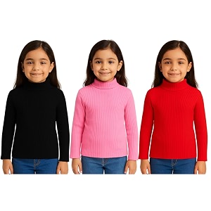 girls winter high neck sweater pack of 3  full sleeve ribbed pullover for kids  warm amp stretchable turtleneck tops