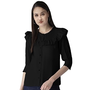 Girls Women Cuffed Sleeves Solid Shirt Style