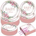 gisgfim 50 Guests Baby in Bloom Party Supplies Baby In Bloom Floral Plates and Napkins Plastic Forks Girl Floral Tableware Pink Flower Paper Plates for Birthday Party 200PCS
