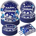 gisgfim 50 Guests Blue Birthday Party Supplies Navy Blue and Silver Plates and Napkins Plastic Forks Happy Birthday Tableware Paper Disposable Plates for Men Women Party 200PCS