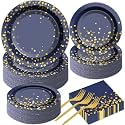 gisgfim 50 Guests Blue and Gold Party Supplies Decorations Tableware Set Blue and Gold Paper Plates Napkins Disposable Plates Graduation Tableware for Men Women Happy Birthday Party Decorations 200PCS