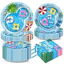 gisgfim 50 Guests Pool Party Supplies Summer Beach Plates and Napkins Forks Summer Pool Tableware Beach Ball Paper Disposable Plates for Splish Splash Birthday Baby Shower Party 200PCS