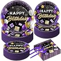 gisgfim 50 Guests Purple Birthday Party Supplies Purple and Black Plates and Napkins Forks Happy Birthday Tableware Paper Plates for Women Girl Party 200PCS