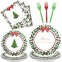 gisgfim 96 Pcs Christmas Paper Plates Napkins Party Supplies Holly Leaf Party Tableware Decorations Favors for Merry Christmas Birthday Serves 24