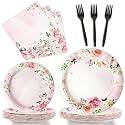 gisgfim 96 Pcs Floral Party Plates and Napkins Party Supplies Pink Spring Theme Flower Party Tableware Set Watercolor Floral Tea Party Decorations Favors for Bridal Baby Shower Serves 24