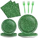 gisgfim 96 Pcs Green Grass Plates and Napkins Party Supplies Grass Tableware Set Sage Greenery Party Decorations Favors for Girls Boys Birthday Baby Shower Serves 24