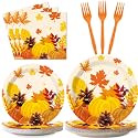 gisgfim 96 Pcs Fall Plates and Napkins Party Supplies Autumn Leaves Tableware Set Thanksgiving Pumpkin Maple Party Decorations Favors for Fall Thanksgiving Theme Birthday Serves 24