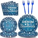 gisgfim 96Pcs Denim and Diamonds Party Plates and Napkin Party Supplies Denim Theme Party Jacket Jeans Tableware Set Crystal Paper Dinner Bachelorette Party Decorations for Wedding Serves 24