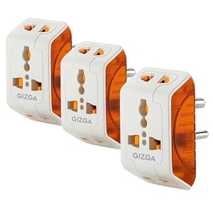 gizga essentials 3 pin multi plug socket  universal travel adaptor with multiple charging ports 6a support compact design  for laptop smartphone hair dryer iron pack of 3