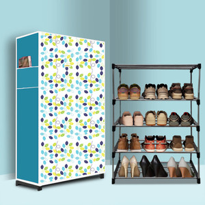 gk-jlpv 4 tier foldable shoe rack  space saver universal for entry bedroom  balcony plastic metal collapsible shoe stand colourful leav modern printeda4 4 shelves diydo-it-yourself