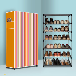 gk-jlpv 6 tier foldable shoe rack  space saver universal for entry bedroom  balcony plastic metal collapsible shoe stand orange strip modern printa6 6 shelves diydo-it-yourself