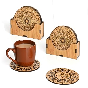 gift kya de coaster set of 12 mandala art wooden coasters with proper coaster stand coaster set fit for tea cups coffee mugs and glasses 35 x 35 inch bamboo ecofriendly